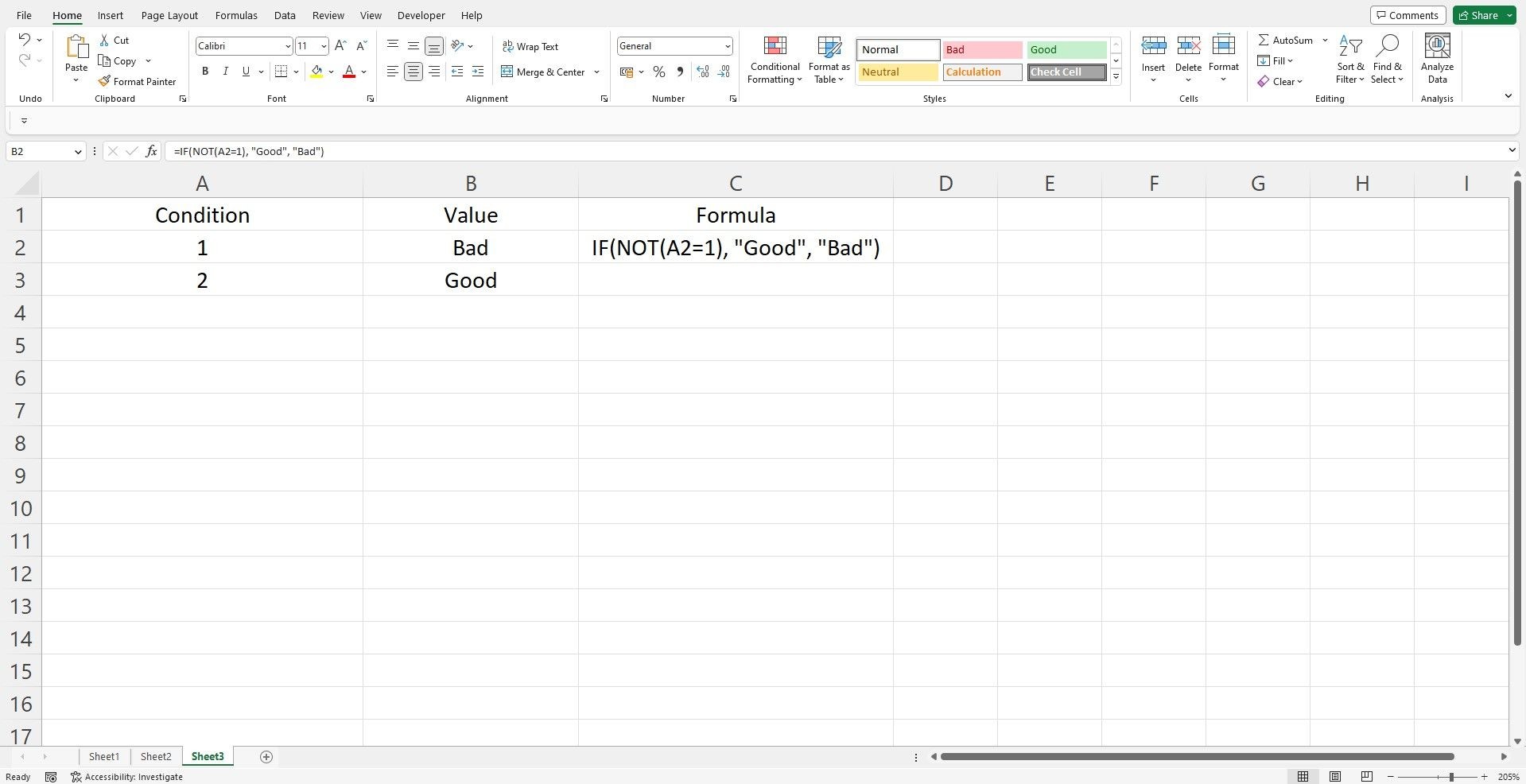 Dữ liệu mẫu và công thức hàm NOT trong bảng tính Excel