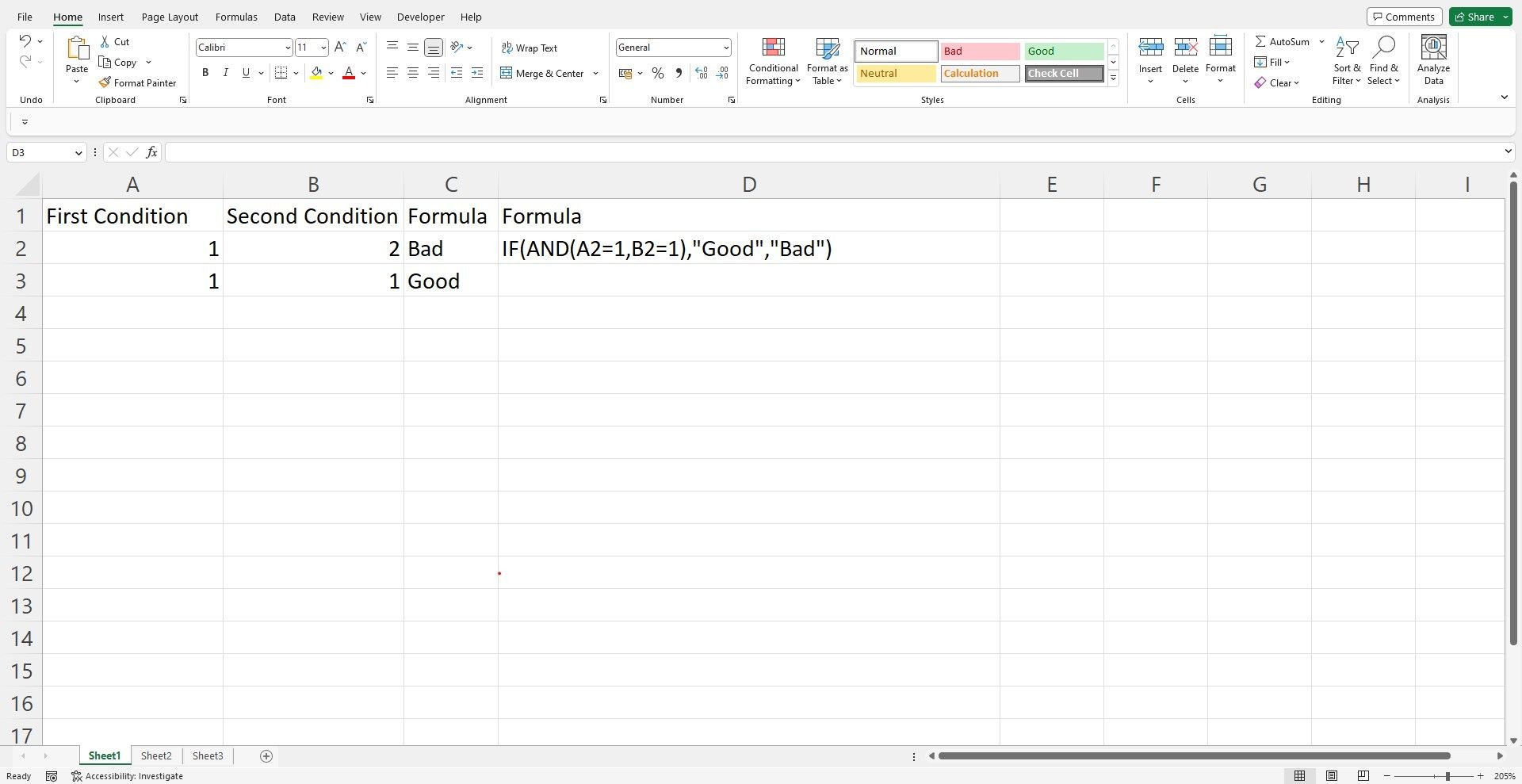 Dữ liệu mẫu với việc sử dụng hàm AND trong bảng tính Excel