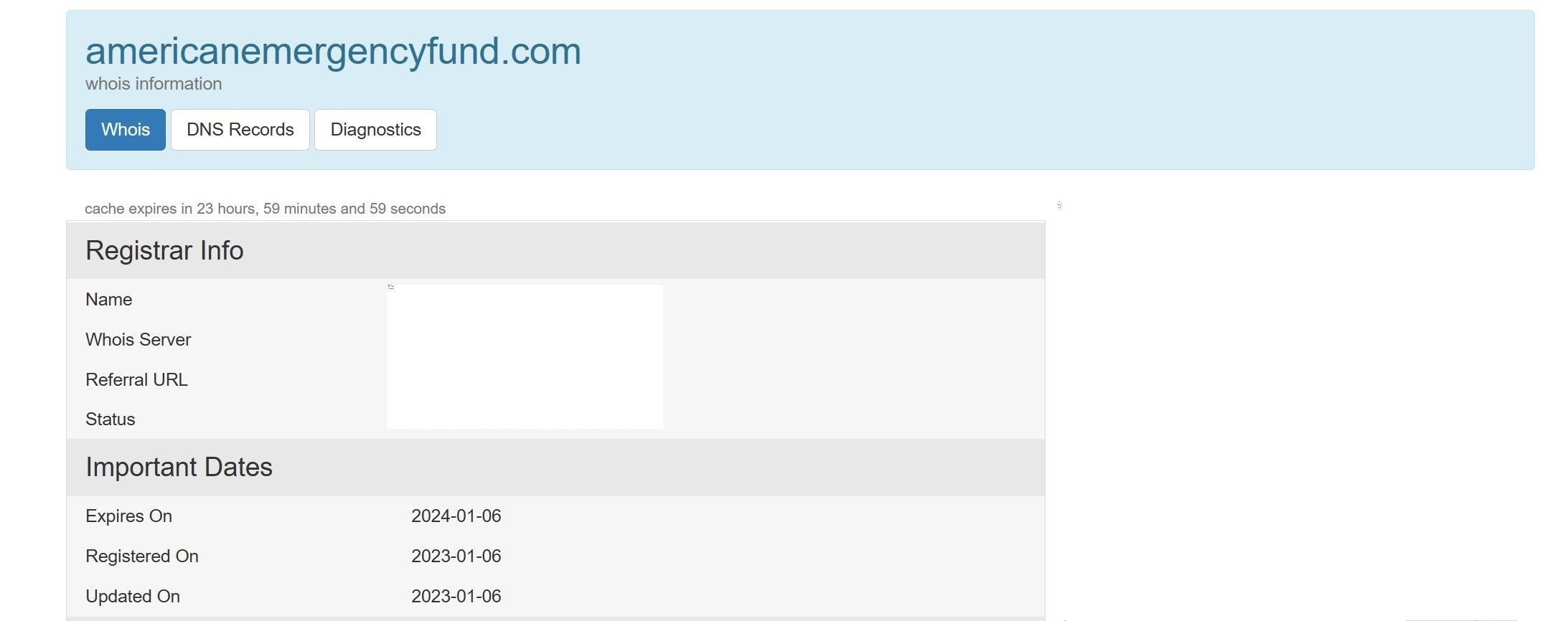 Dữ liệu tên miền của Quỹ Khẩn Cấp Mỹ trên trang web Whois