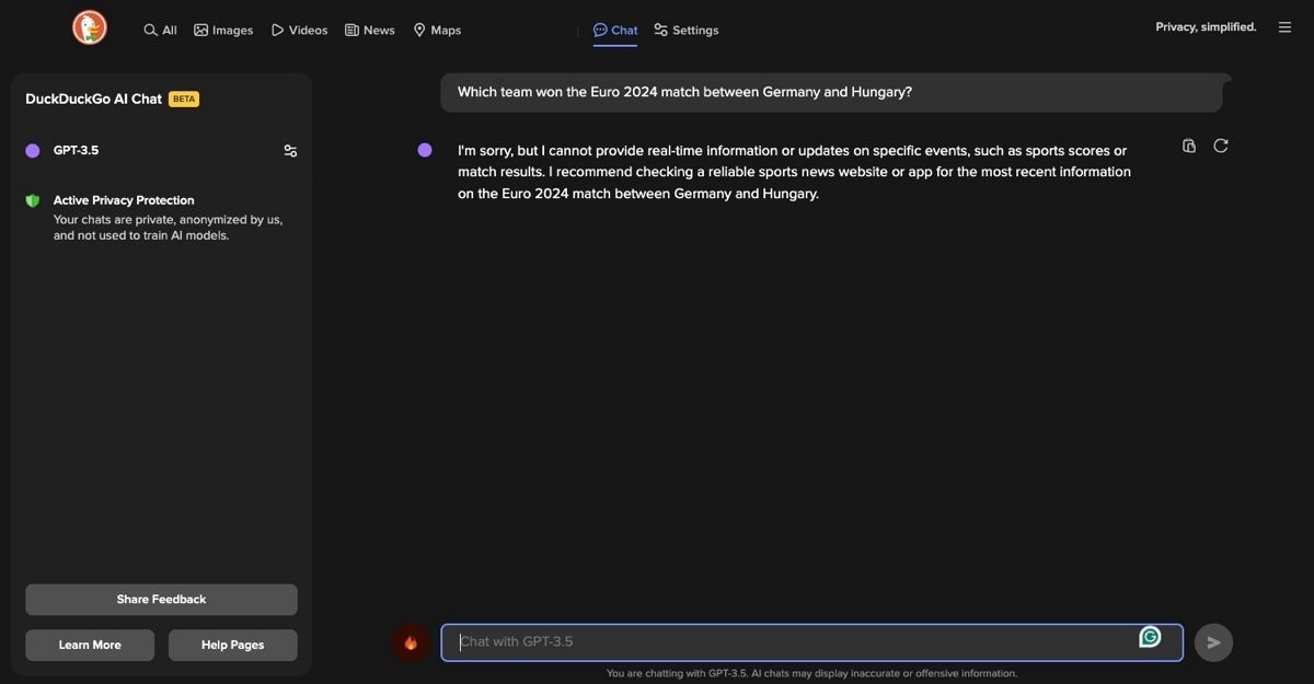 DuckDuckGo AI Chat không truy cập internet