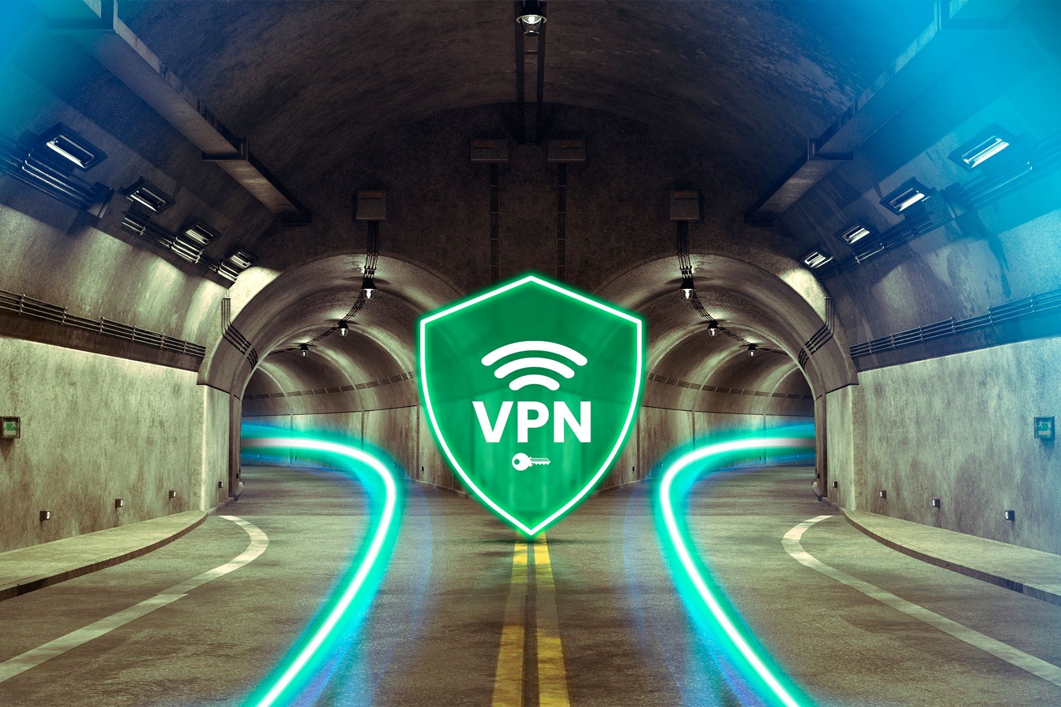 Đường hầm dẫn đến hai con đường với biểu tượng VPN ở giữa chúng