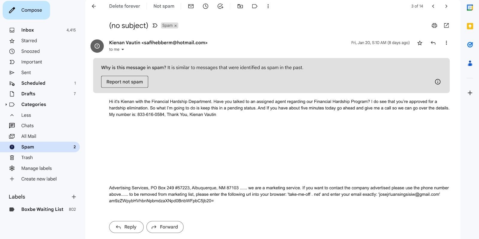 Email giả mạo thảo luận về các chương trình khó khăn tài chính