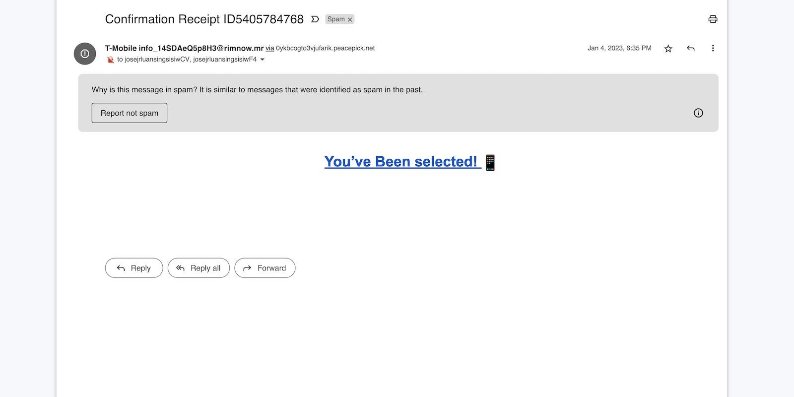 Email giả mạo từ T-Mobile với email trống