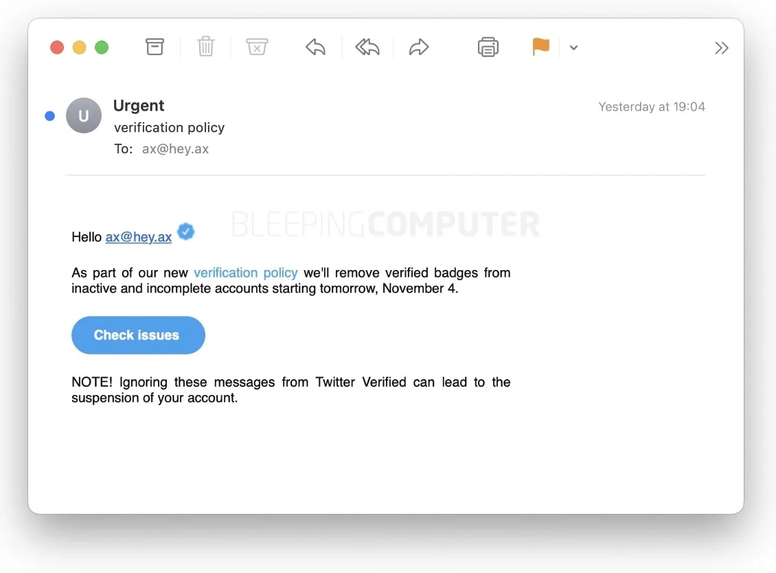 Email giả mạo xác minh Twitter