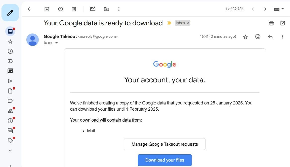 Email Google Takeout trong Gmail với tùy chọn tải xuống dữ liệu