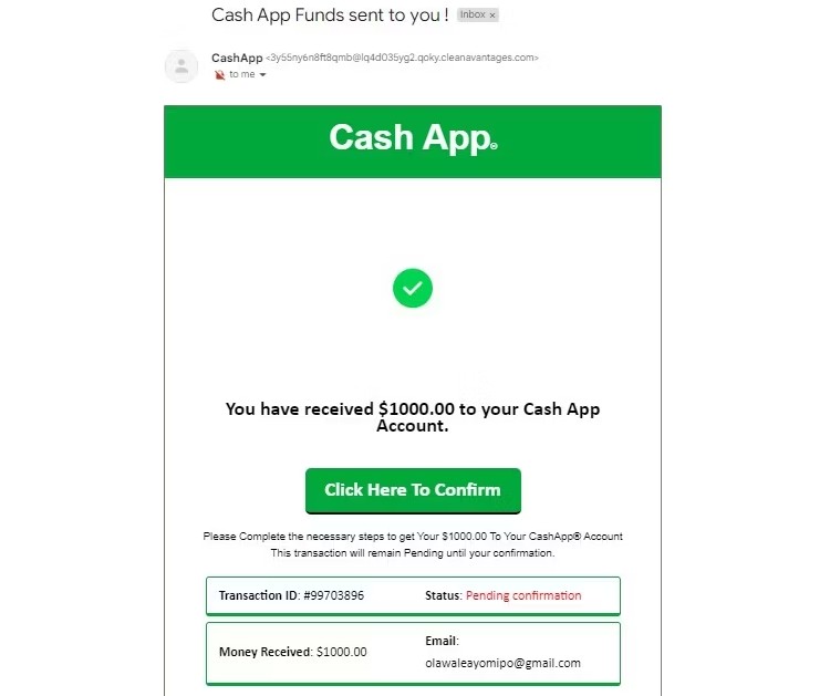 Email lừa đảo giả mạo ứng dụng Cash App