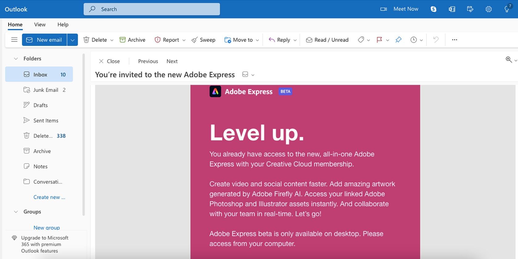 Email mời tham gia Adobe Express Beta