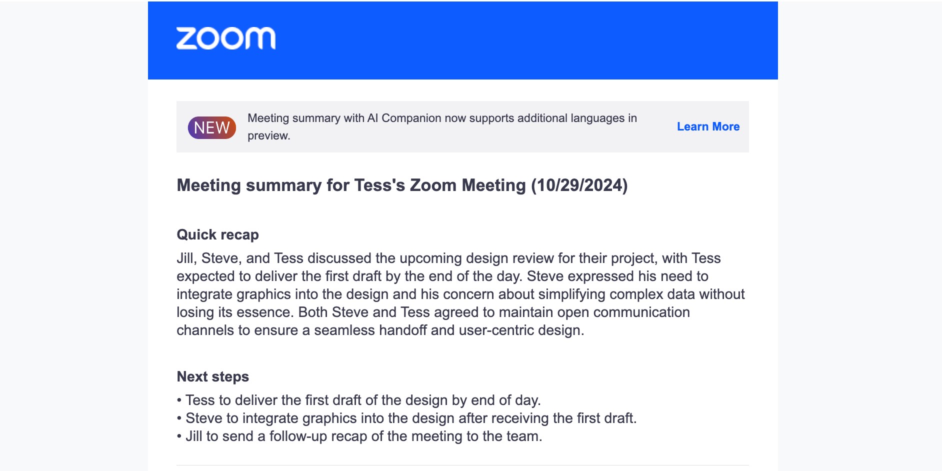 Email tóm tắt từ Zoom tóm tắt lại cuộc họp trước đó và xác định các công việc cần làm cho từng thành viên