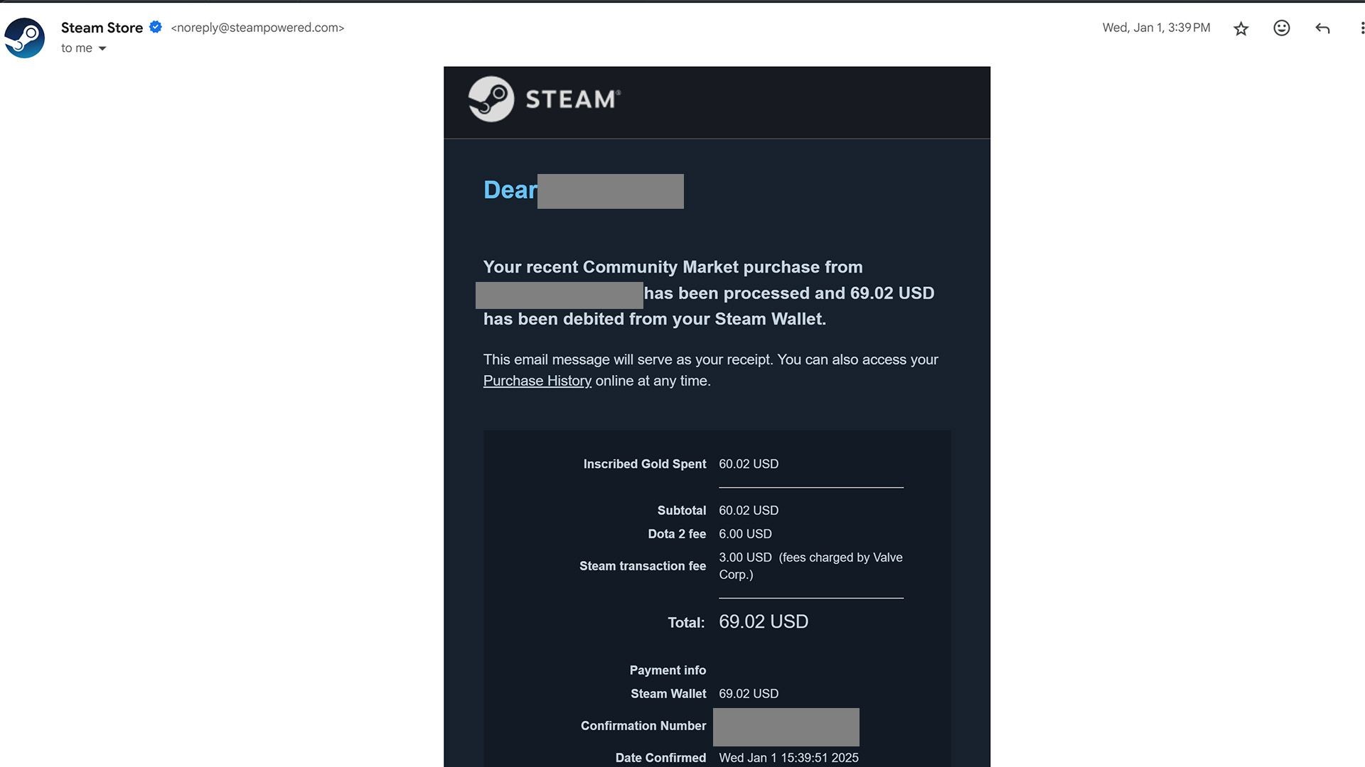 Email xác nhận giao dịch thị trường cộng đồng Steam với thông tin của tôi và kẻ tấn công bị che đi