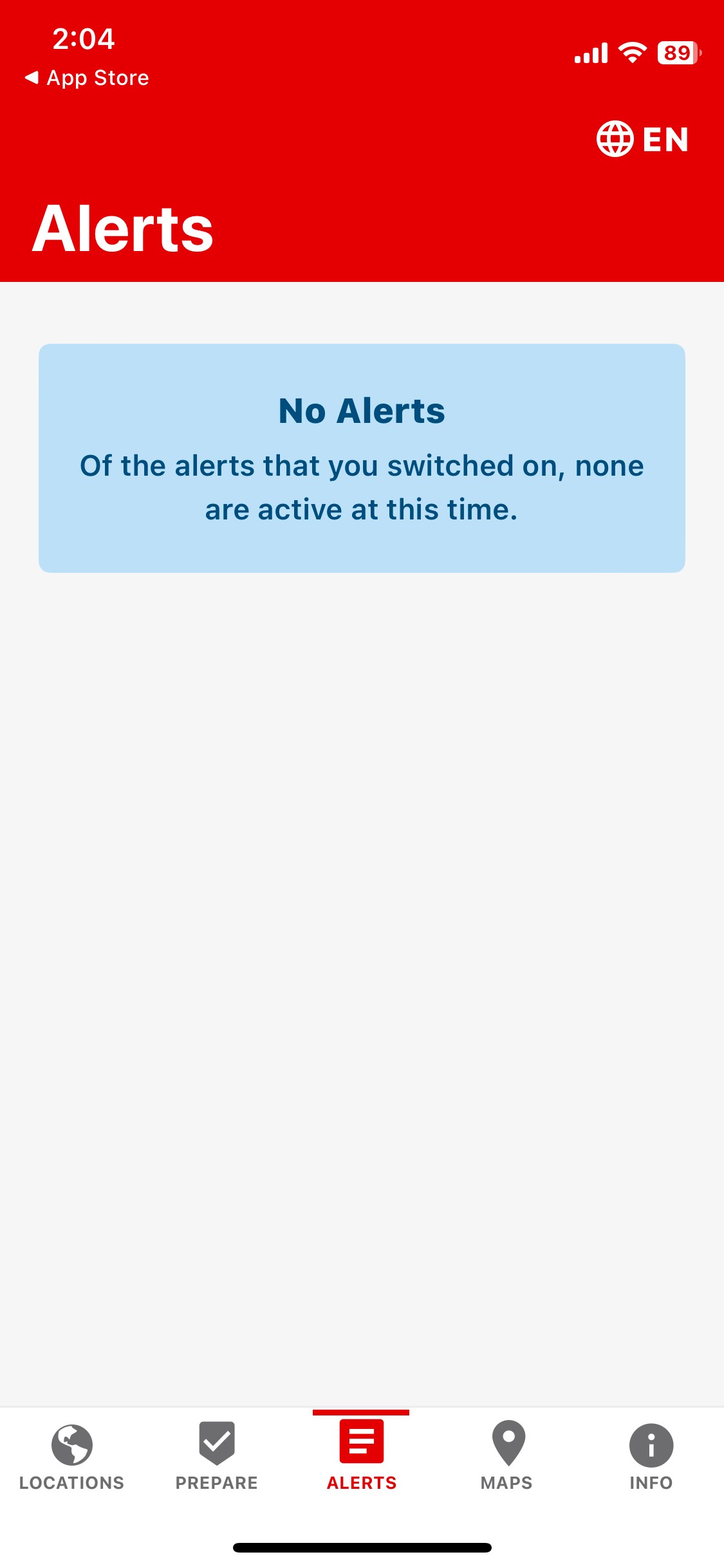 Emergency app hiển thị trang Cảnh báo
