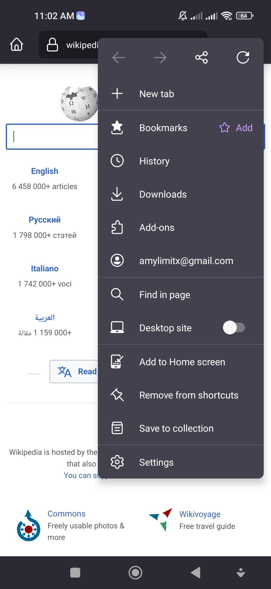Firefox hiển thị tùy chọn menu