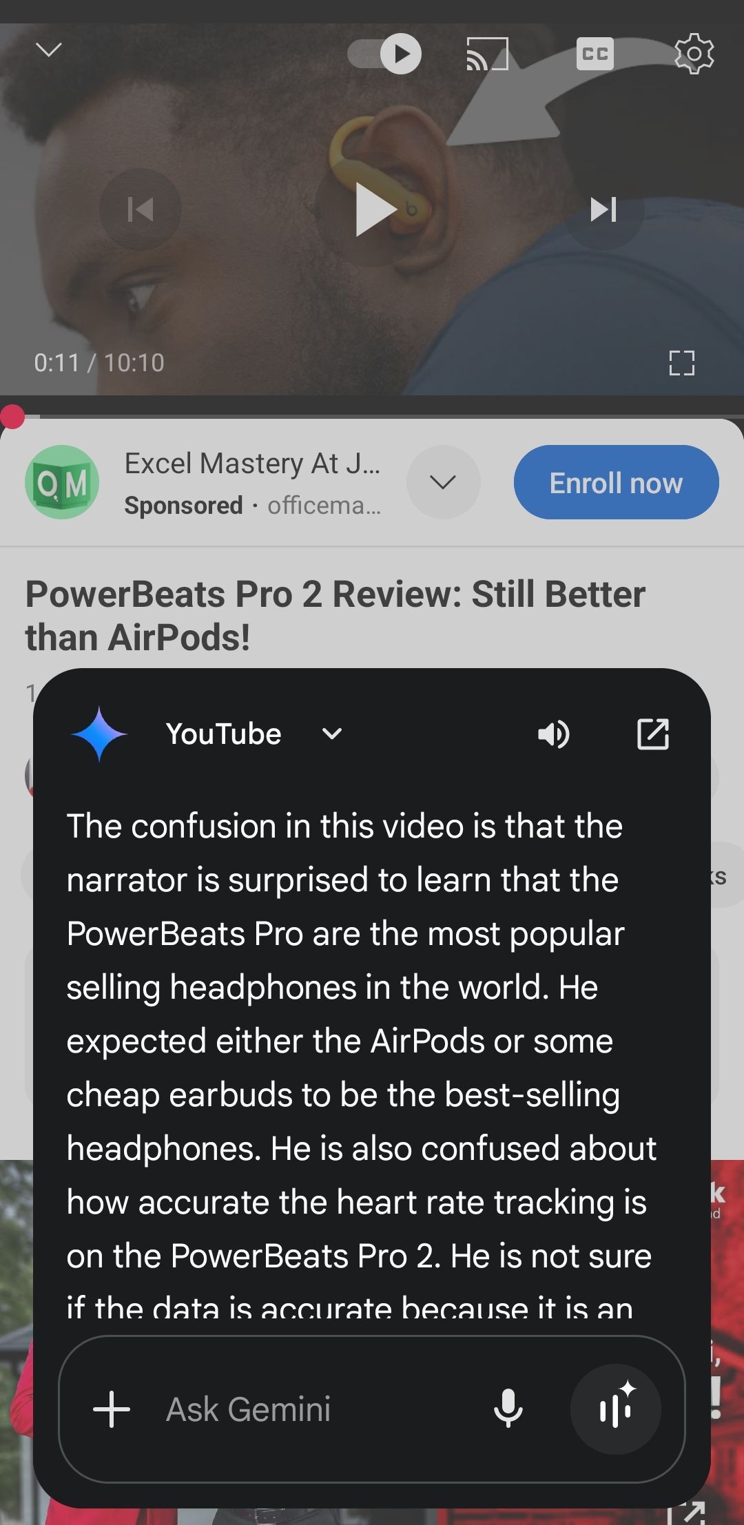 Gemini hiển thị tóm tắt của một video YouTube về PowerBeats Pro 2