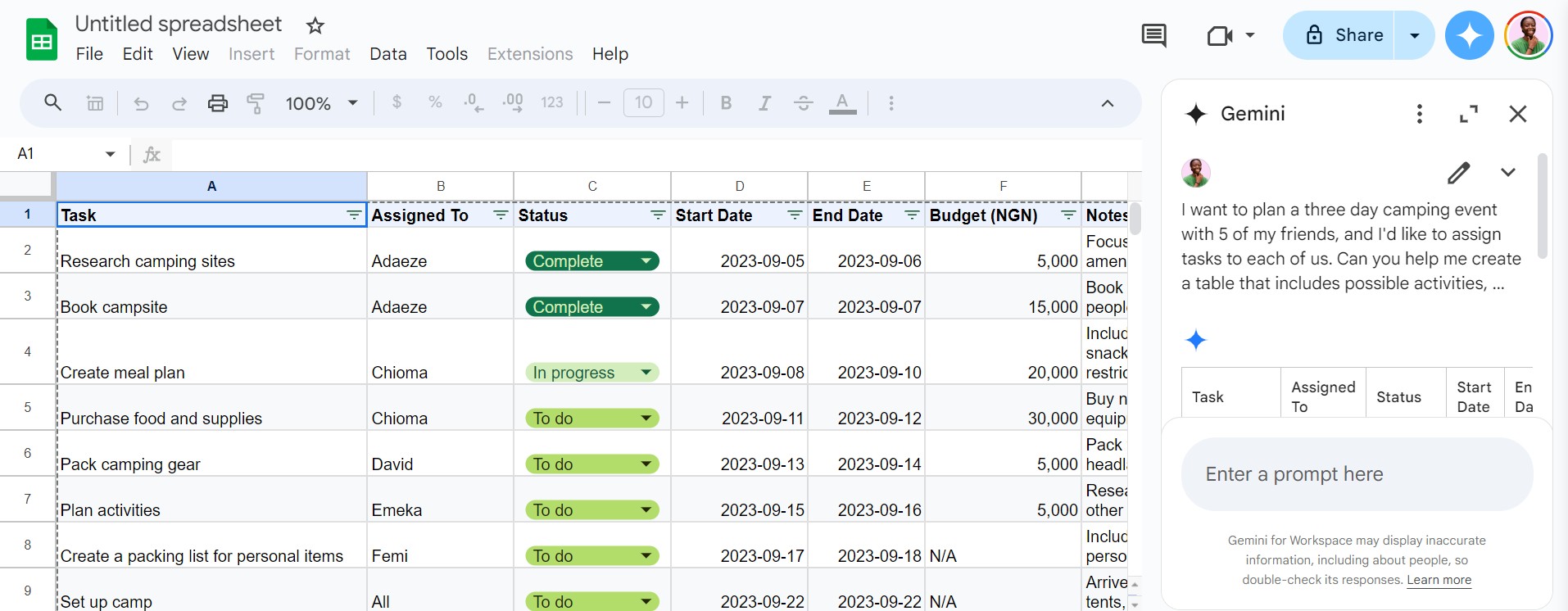 Gemini trong Google Sheets hoạt động