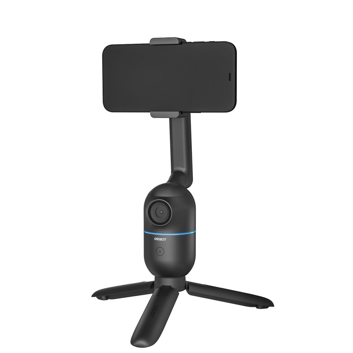 Giá đỡ điện thoại OBSBOT Me AI-Powered ở chế độ tripod với điện thoại gắn ngang