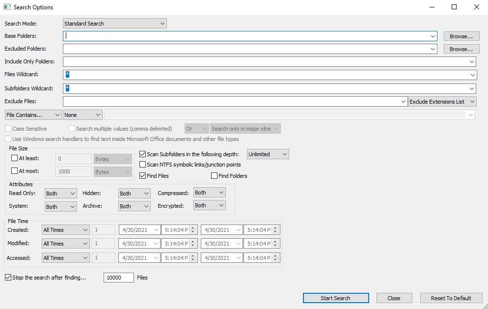 Giao diện chính của SearchMyFiles