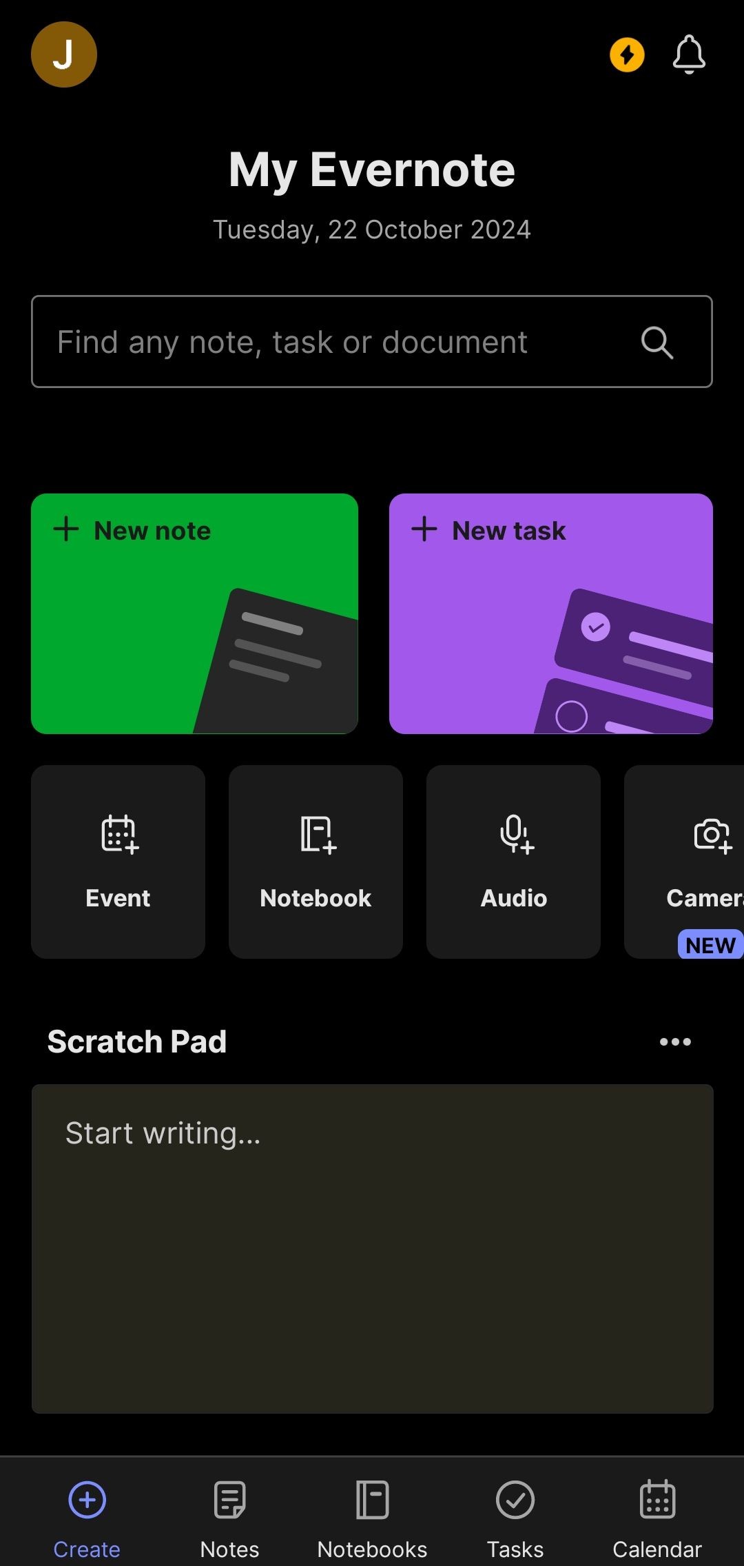 Giao diện chính của ứng dụng Evernote