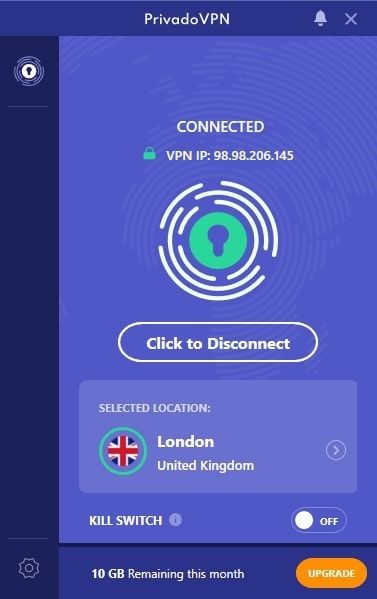Giao diện chính của ứng dụng PrivadoVPN
