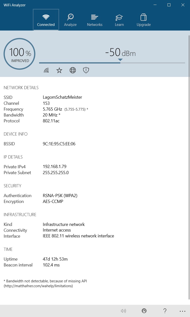 Giao diện chính của ứng dụng Wi-Fi Analyzer trên Windows 10