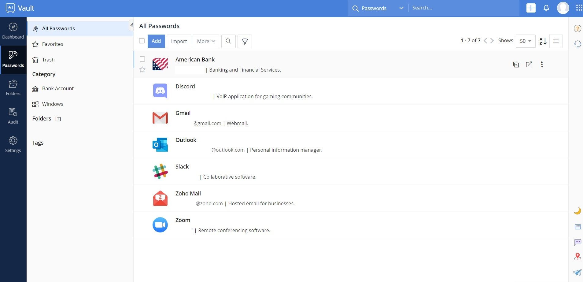 Giao diện công cụ Zoho Vault
