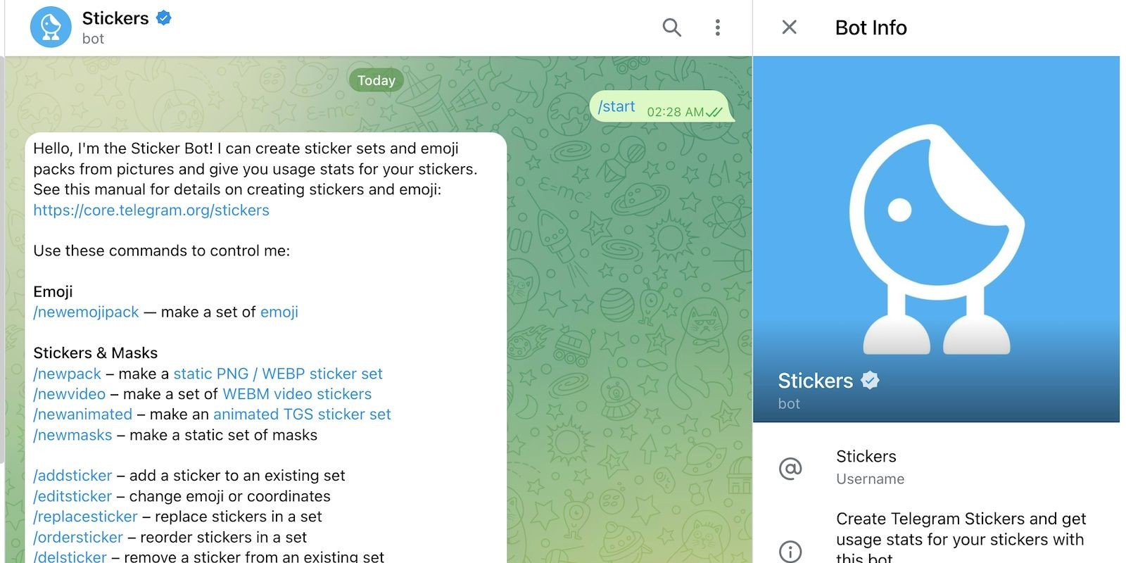 Giao diện của bot sticker trên Telegram để chỉnh sửa và thêm gói sticker