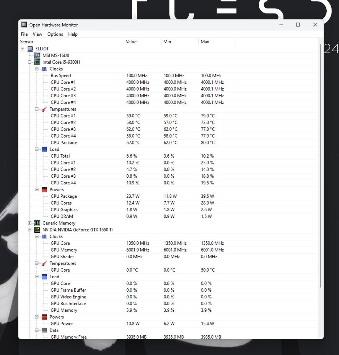 Giao diện của OpenHardwareMonitor