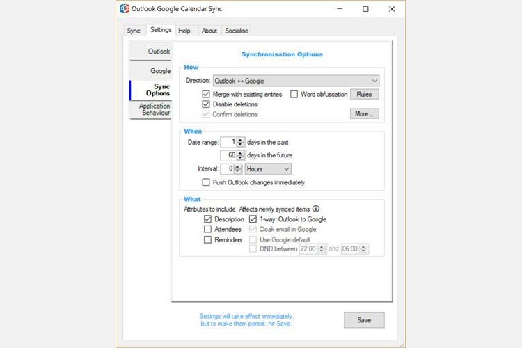 Giao diện của Outlook Google Calendar Sync
