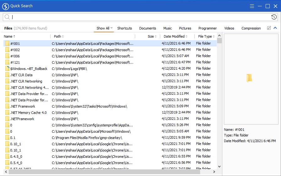 Giao diện của Quick Search