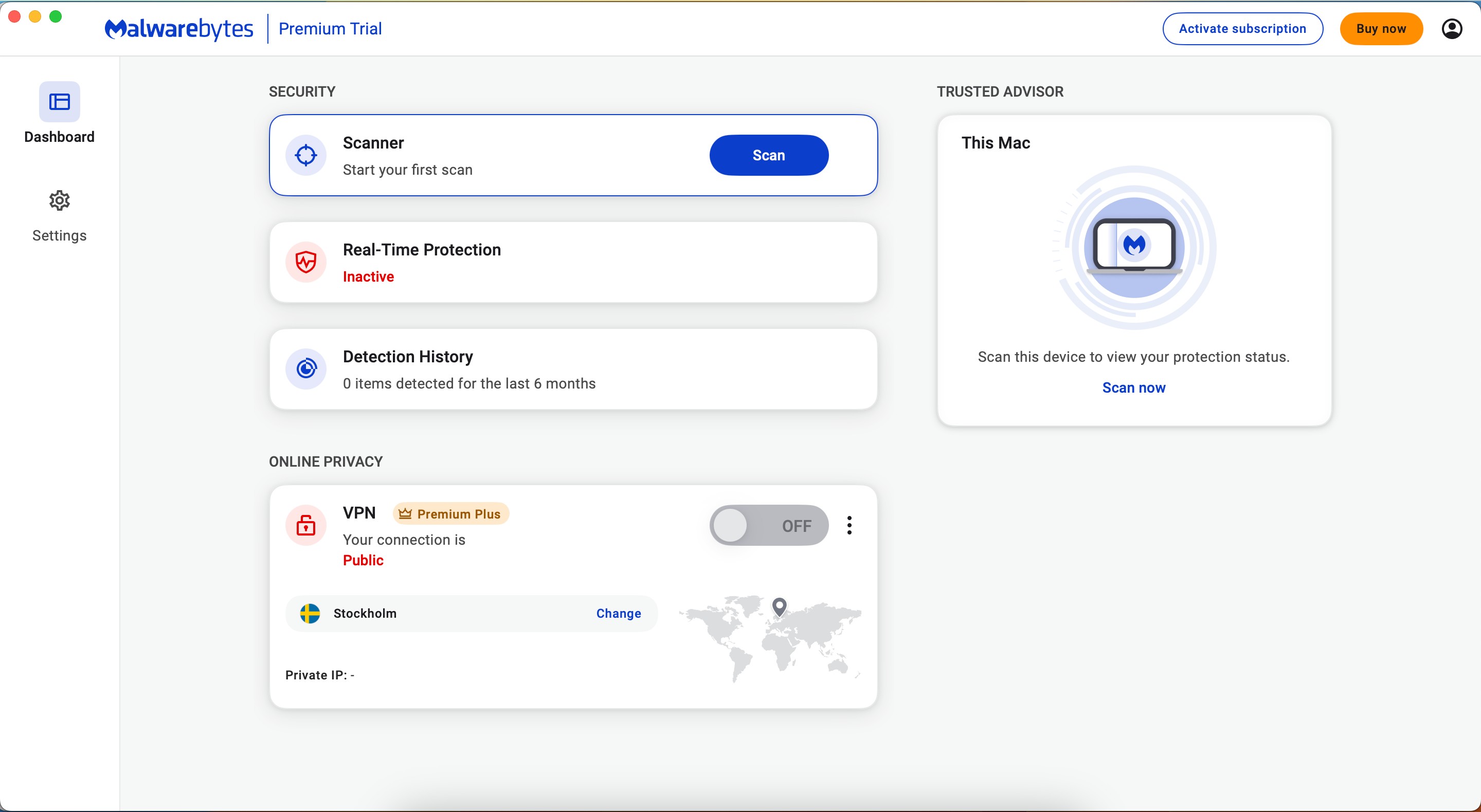Giao diện người dùng của Malwarebytes trên Mac