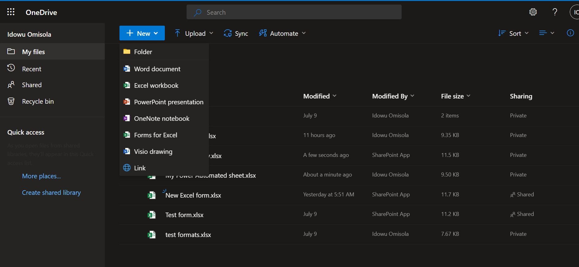 Giao diện OneDrive với tùy chọn tạo bảng tính Excel