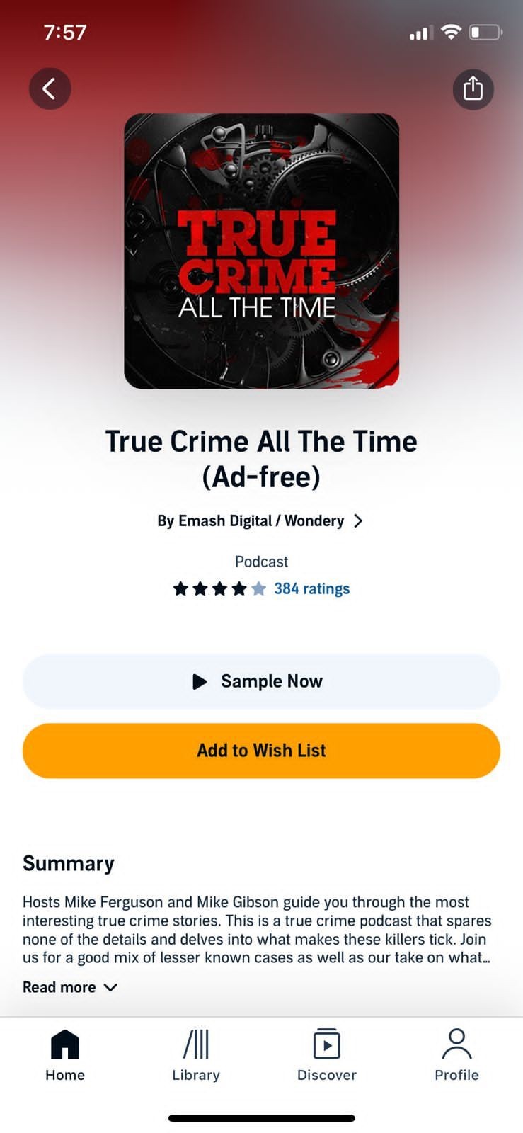 Giao diện podcast trên Audible