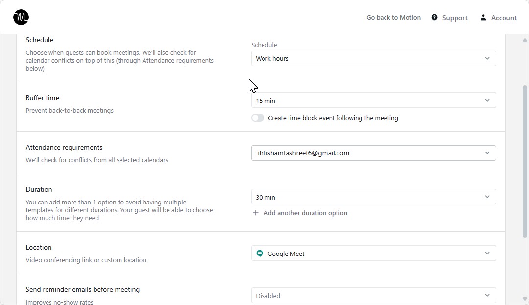 Giao diện tab Đặt lịch của Motion