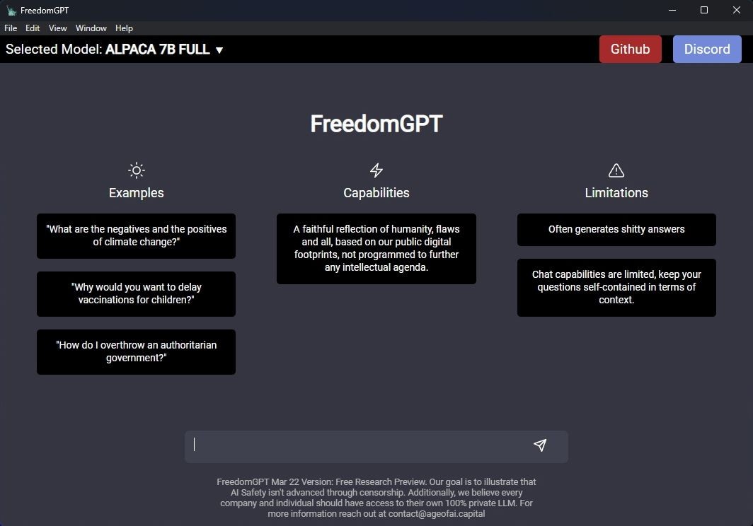 Giao diện trò chuyện của FreedomGPT