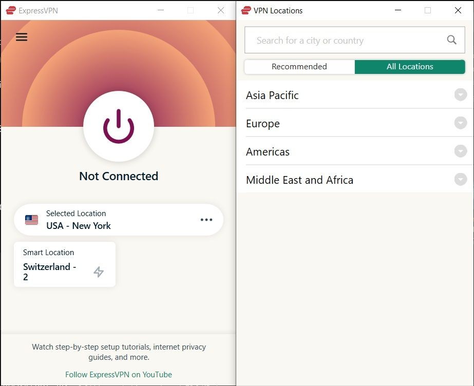 Giao diện ứng dụng ExpressVPN trên Windows