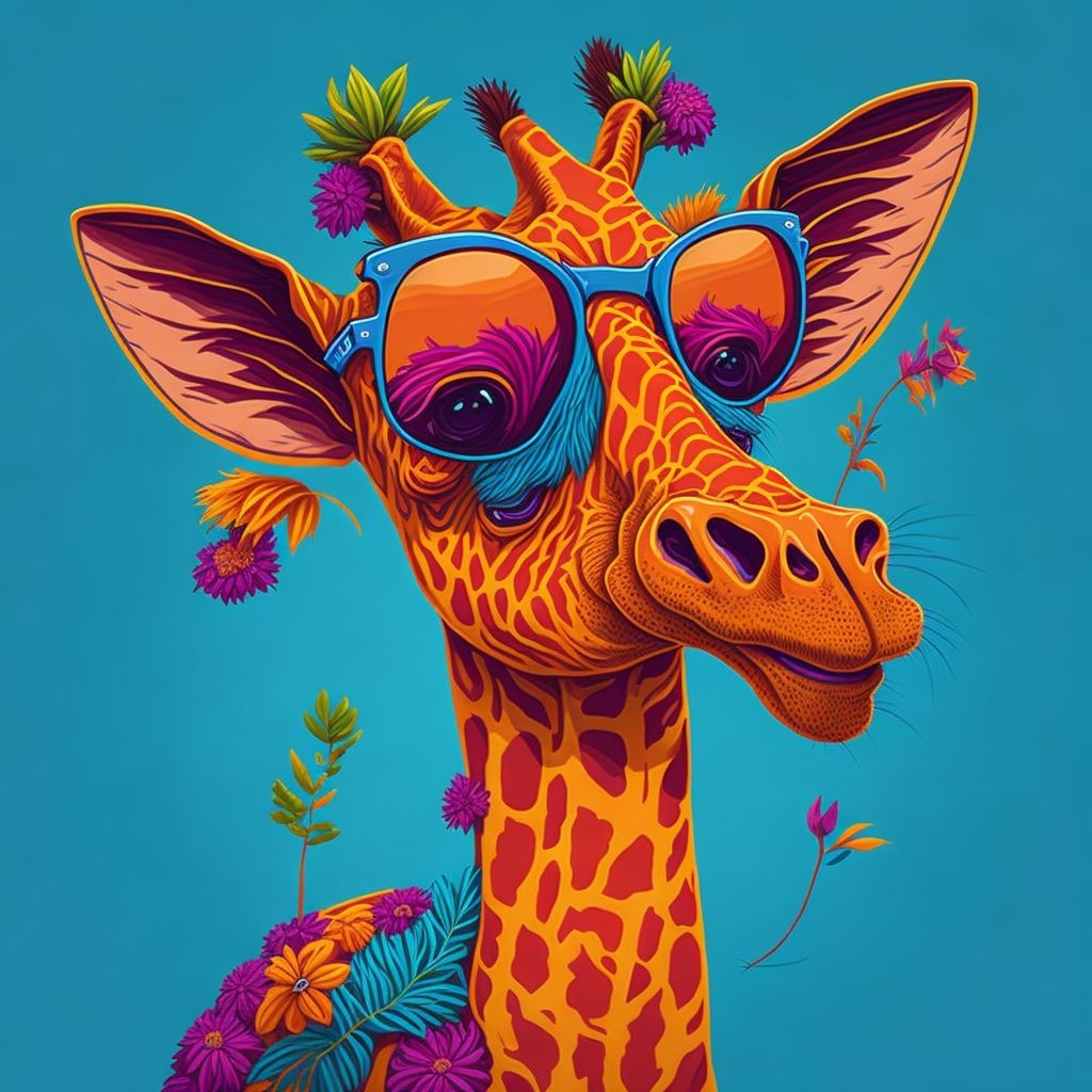 Giraffe hoạt hình thân thiện đeo kính râm và áo sơ mi Hawaii