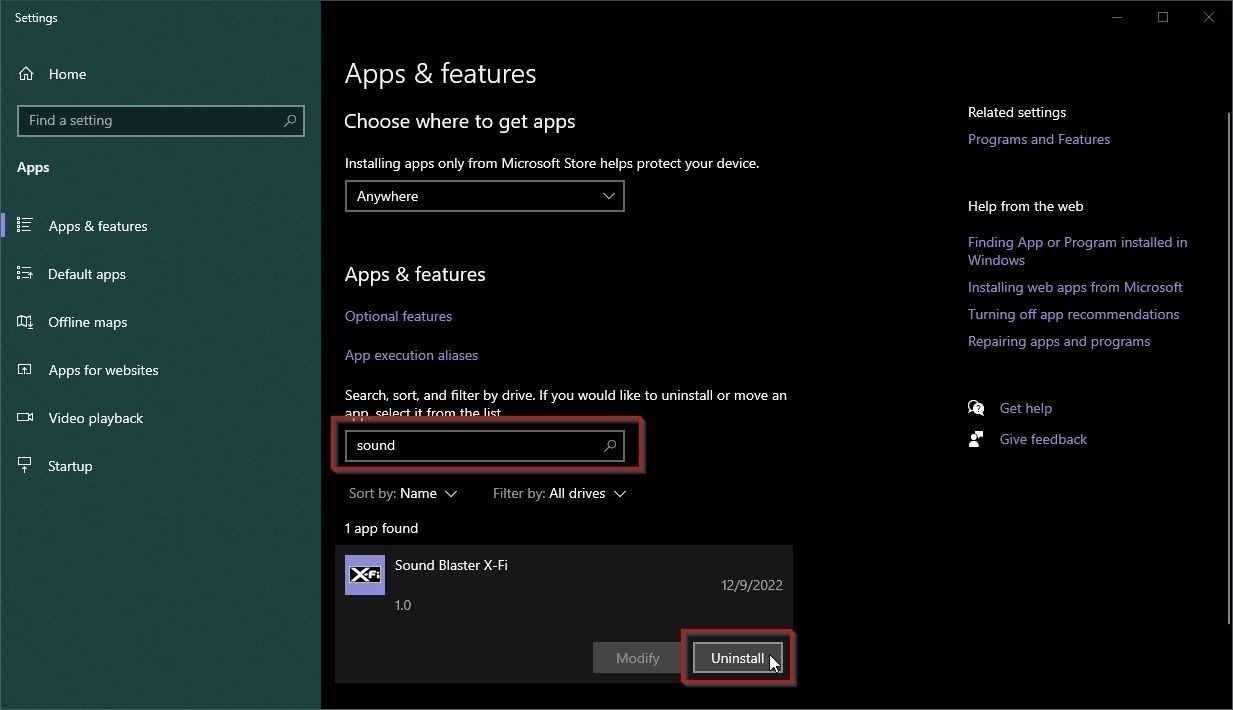 Gỡ bỏ phần mềm Sound Blaster X-Fi qua Apps and Features