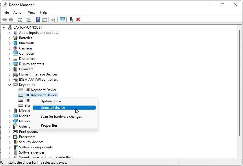 Gỡ bỏ thiết bị bàn phím trong Device Manager