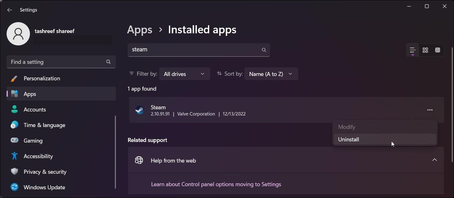 Gỡ cài đặt ứng dụng Steam trên Windows 11