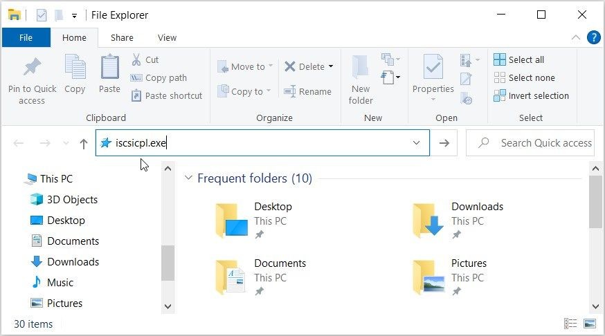 Gõ iscsicpl.exe vào thanh địa chỉ của File Explorer