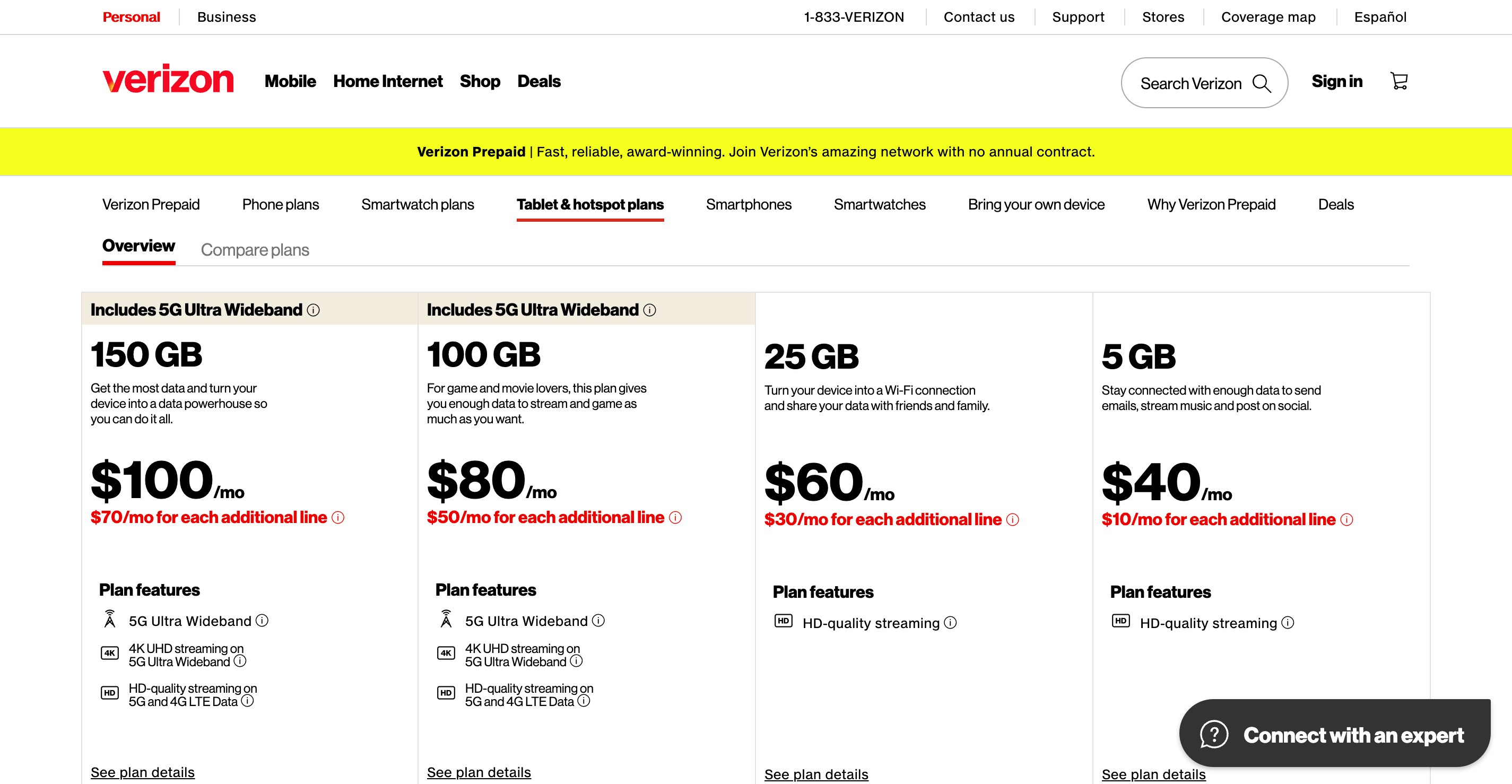 Gói trả trước của Verizon cho máy tính bảng và điểm truy cập di động