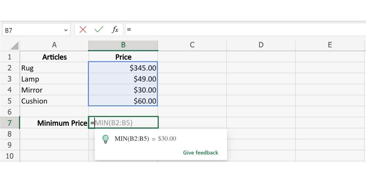 Gợi ý tính năng MIN trong Excel