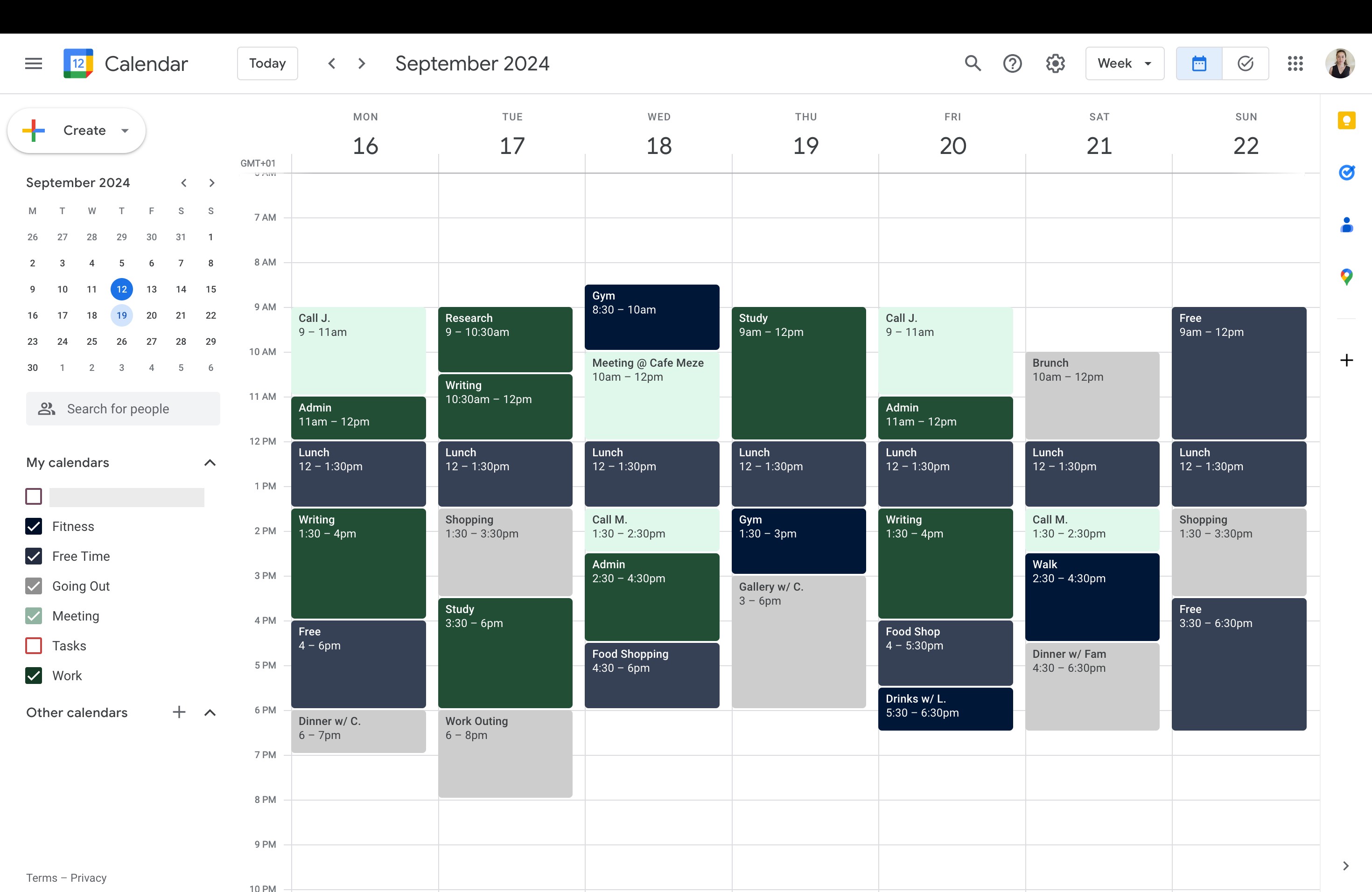 Google Calendar với bảng màu tối tùy chỉnh