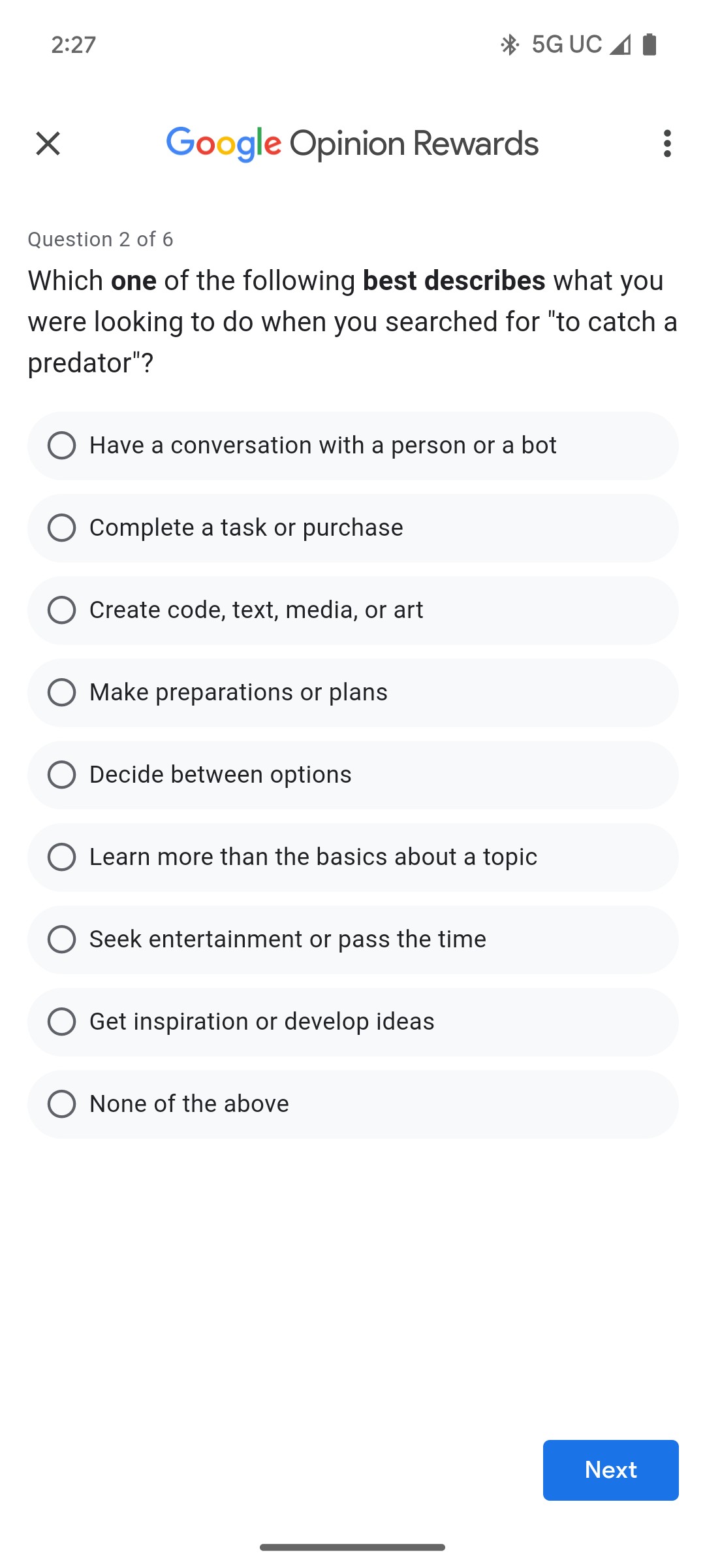 Google Opinion Rewards đặt câu hỏi với nhiều lựa chọn