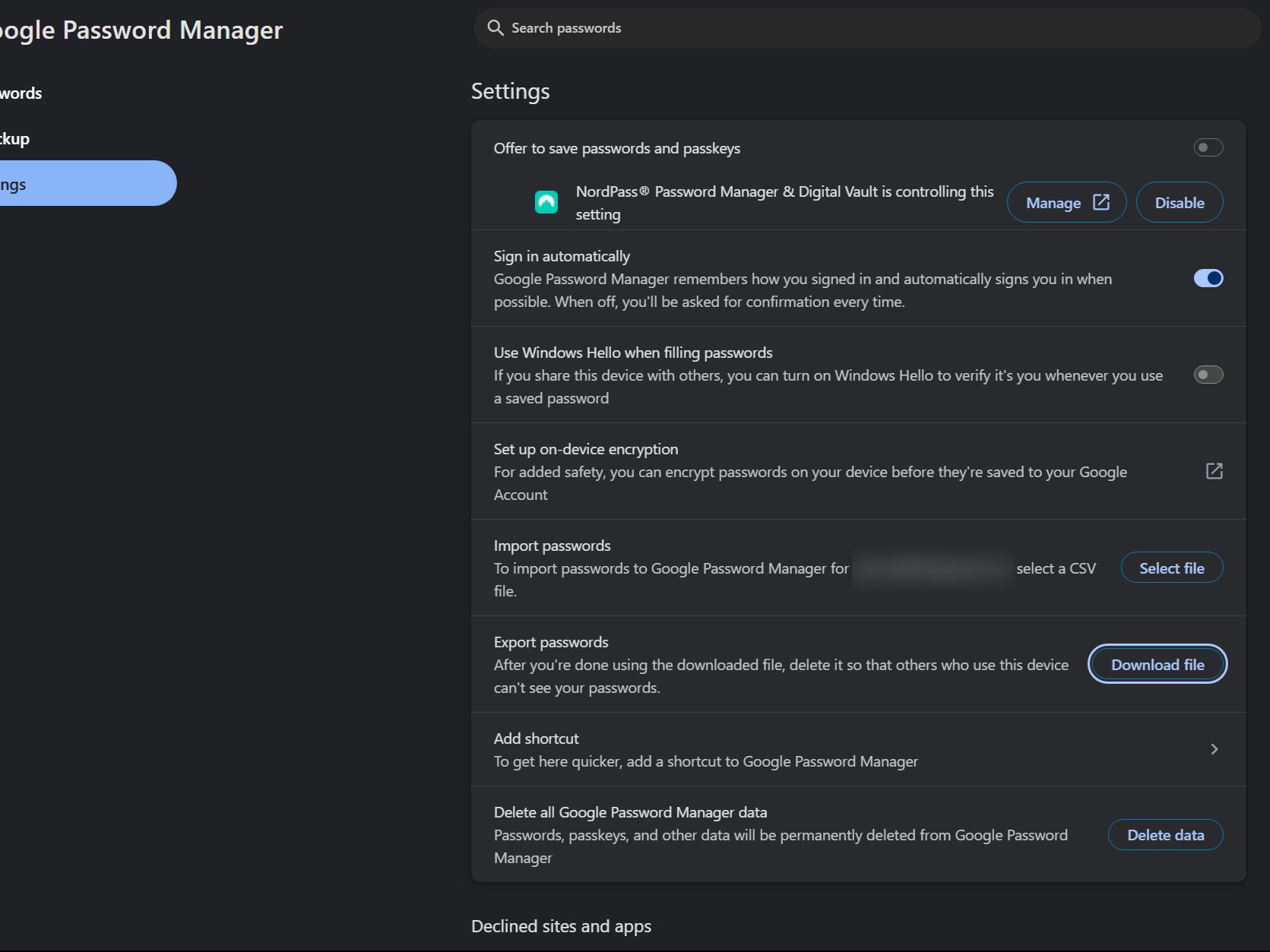 Google Password Manager hiển thị tùy chọn xuất trong cài đặt mật khẩu