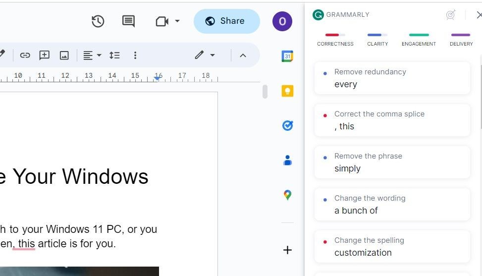 Grammarly trên bảng điều khiển Google Docs