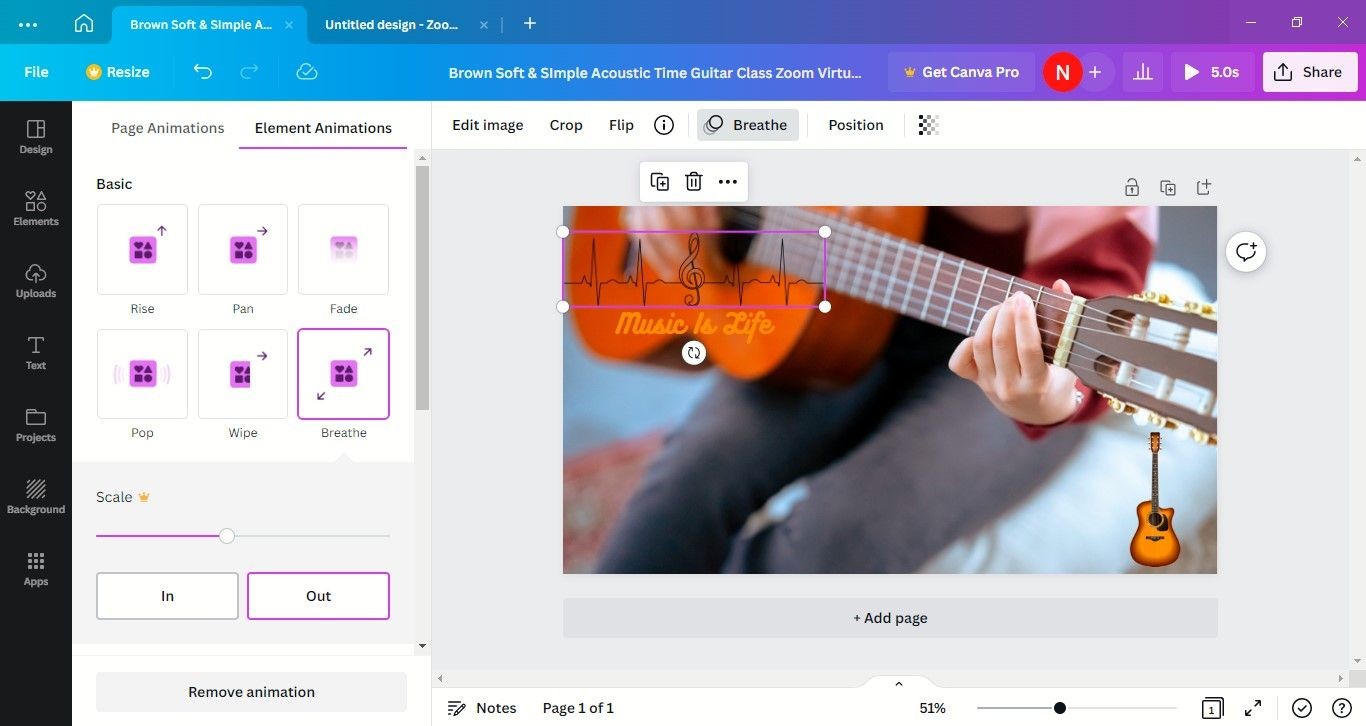 Guitar và nốt nhạc được làm sống động trong nền Zoom