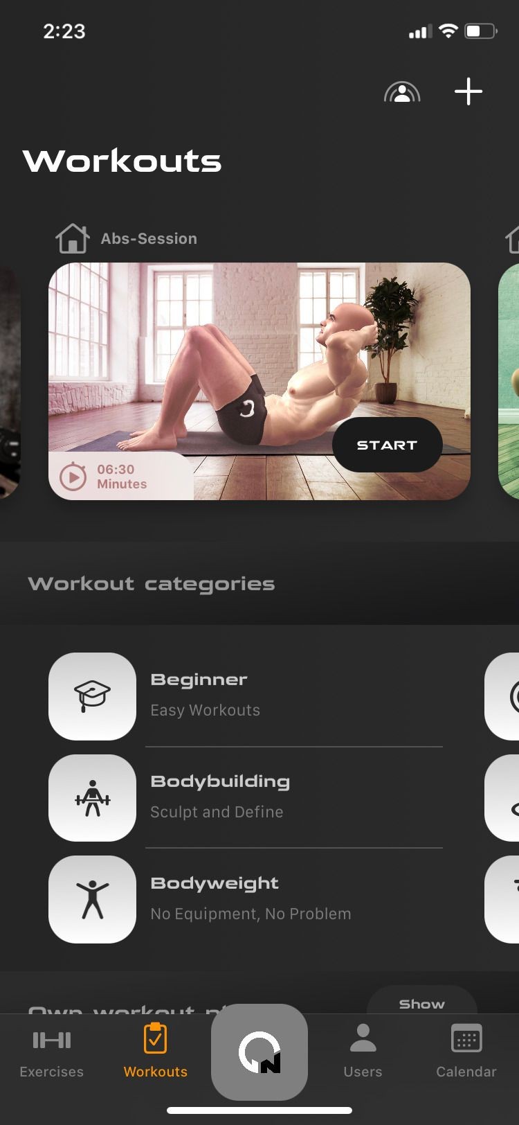 Gymnotize app workout screen
