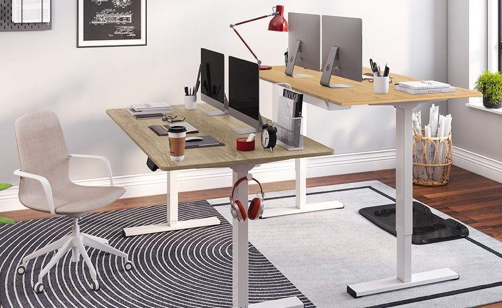 Hai Bàn Đứng Điện FLEXISPOT EC1 đặt lưng chừng trong văn phòng