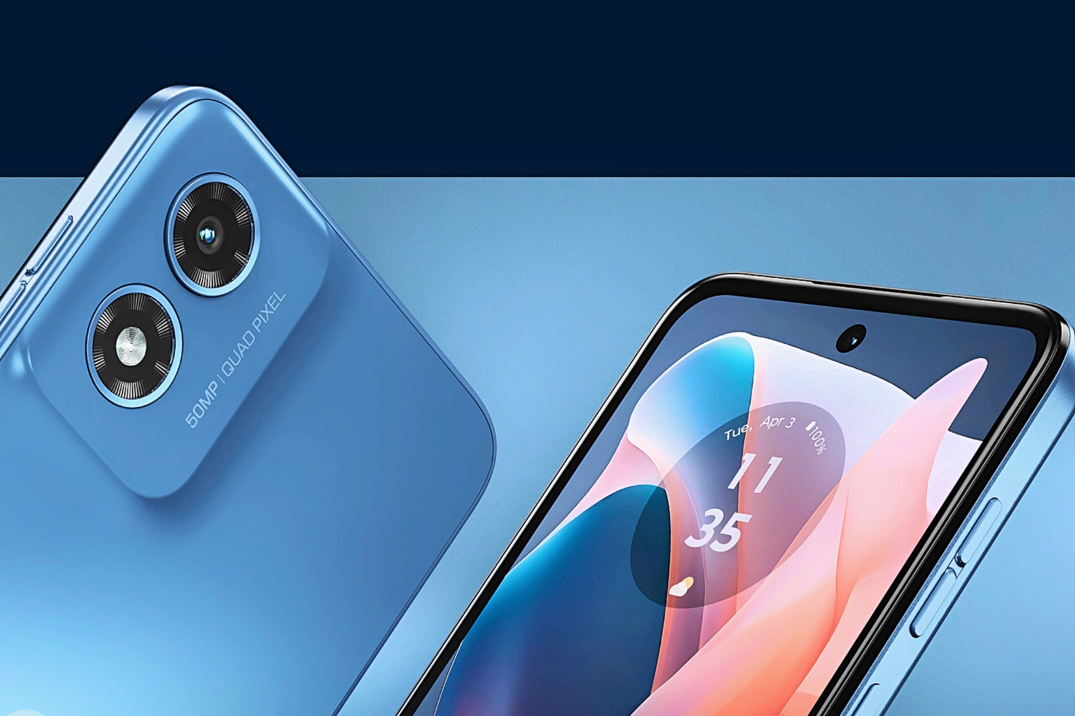 Hai điện thoại Moto G Play hiển thị mặt trước và ống kính sau