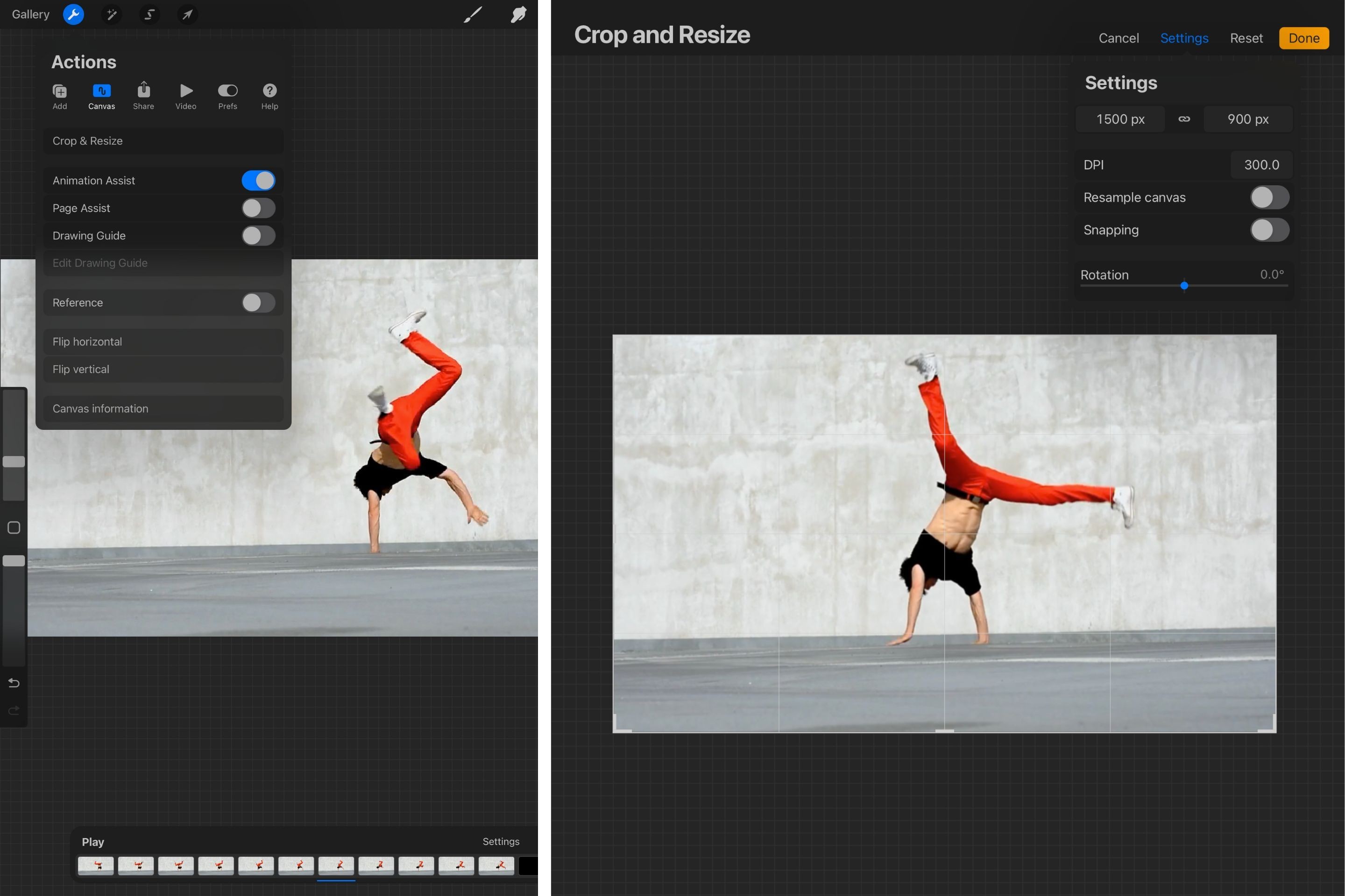 Hai hình ảnh chụp màn hình Procreate, hiển thị menu hành động canvas và cửa sổ cài đặt canvas.