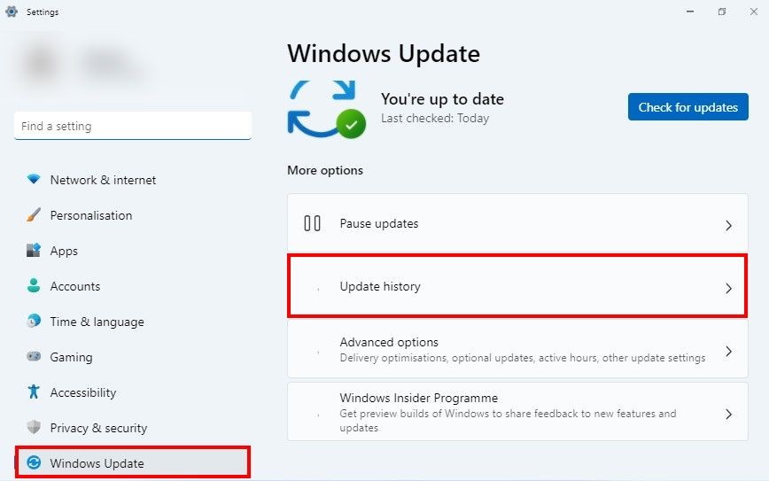 Hai hộp nổi bật Cập nhật Windows và Lịch sử cập nhật